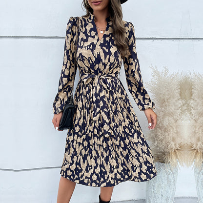 LOVEVOP New Cross-border Hot Trade 2025 Women's Clothing Hot Autumn New Folded Printing Long Sleeve Dress