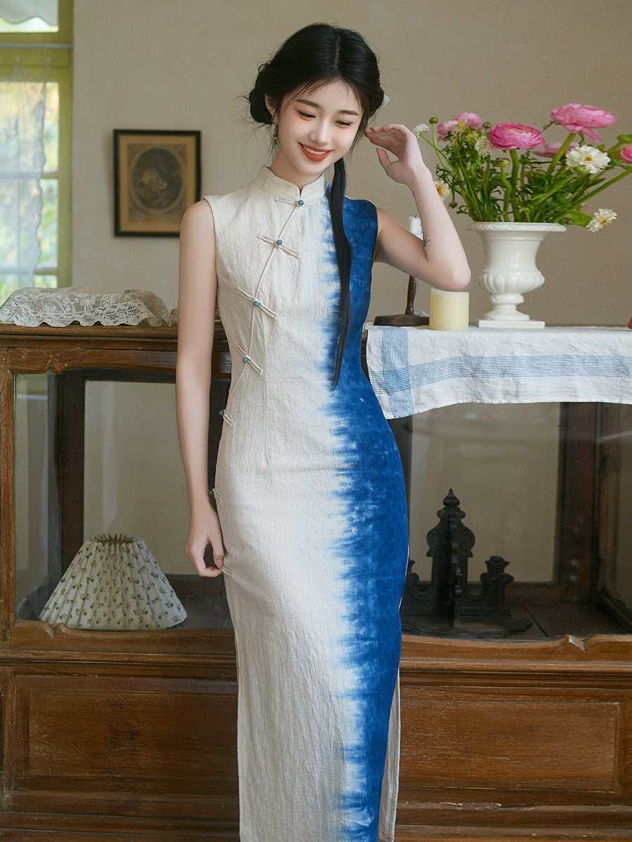 Republic of China style women's clothing new Chinese style beautiful cheongsam women daily can wear elegant gradual change blue retro cotton and linen dress