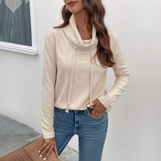 LOVEVOP Cross-border autumn and winter new 2025 women's clothing solid color twist turtleneck sweater  texture drawstring new top