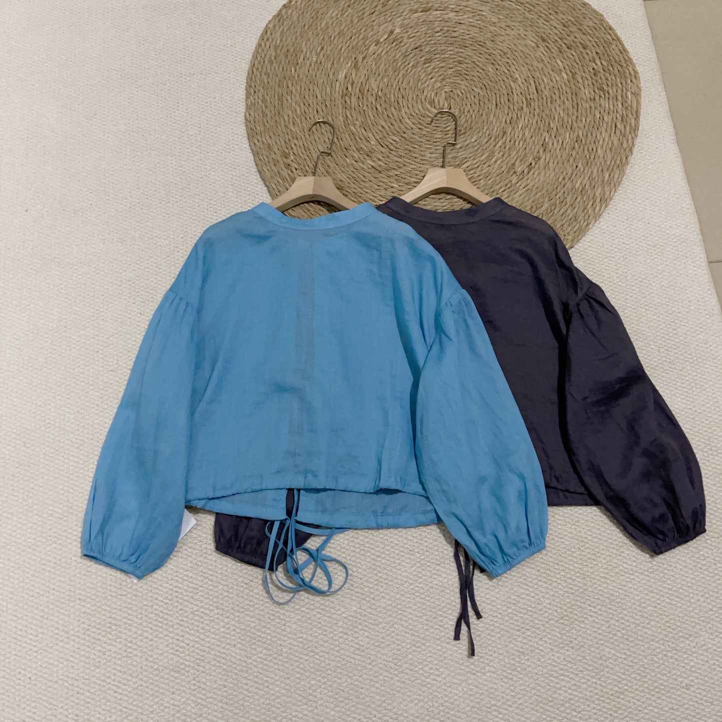 Wear on both sides~ 100% ramie lace-up sunscreen shirt women's summer loose and thin long-sleeved crew neck shirt