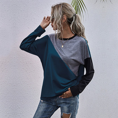 LOVEVOP New Cross-border popular Autumn Loose 2025 Splicing Crew Neck Long Sleeve Bottom Contrasting Sweater Women