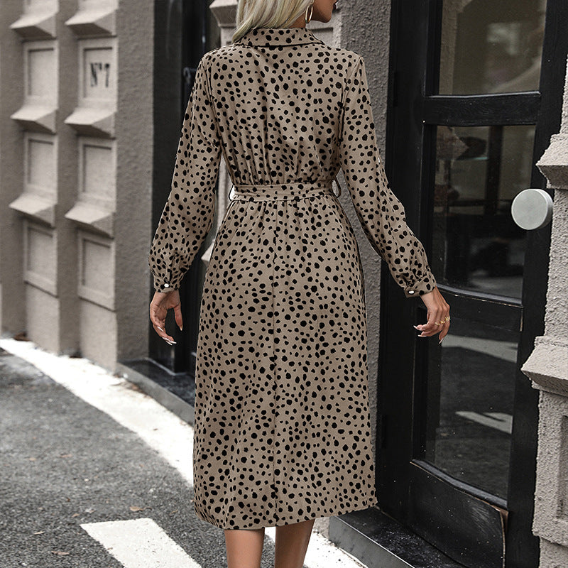 LOVEVOP 2025 cross-border new dress lapel button temperament dress polka dot long dress high waist women's dress with belt