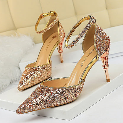 2025 283-5  style fashionable and sexy hollow nightclub showing thin metal heel high heel sparkling sequins with sandals