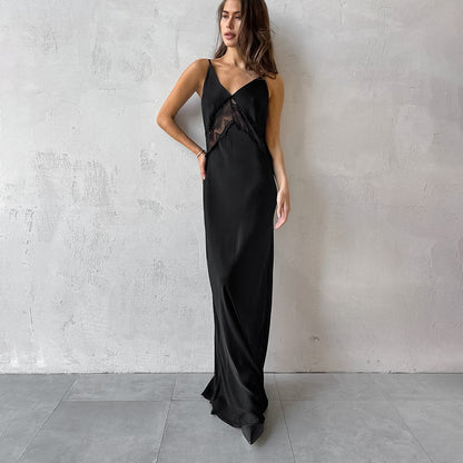 2025 Imitation satin acetate fashionable sexy spring suspender V-neck slim slim straight dress dress wholesale women