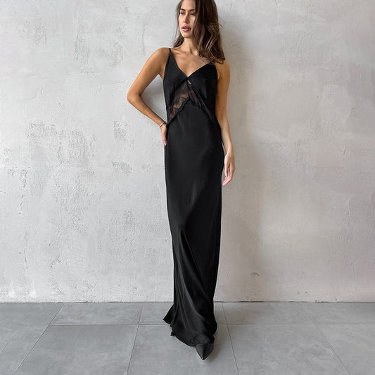 2025 Imitation satin acetate fashionable sexy spring suspender V-neck slim slim straight dress dress wholesale women