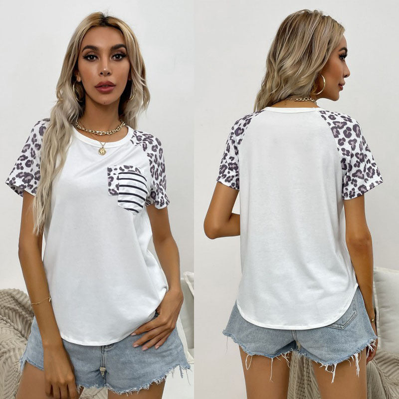 LOVEVOP New Cross-border popular New Summer Women's Pocket Top Short Sleeve Crew Neck Splicing Leopard Print T-Shirt