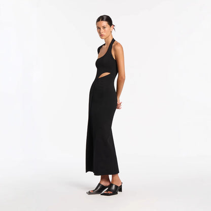 LOVEVOP 's new black knitted women's clothing single-sleeved hollow elastic long dress bandage skirt high-end