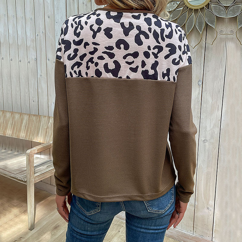 LOVEVOP New Popular trade popular autumn and winter 2025 leopard print knitted sweater long-sleeved splicing knitted pullover bottoming shirt