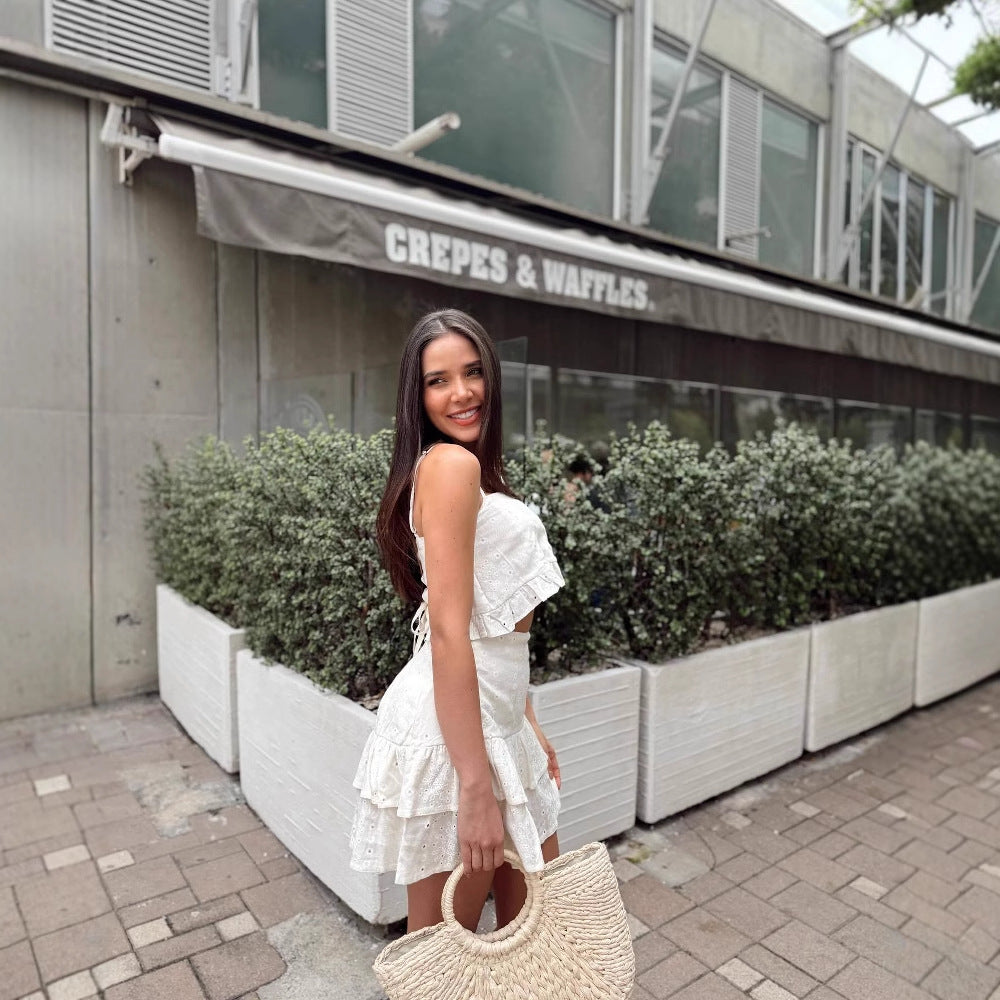 summer new New  travel beach ins suspender pure desire high waist fairy skirt set