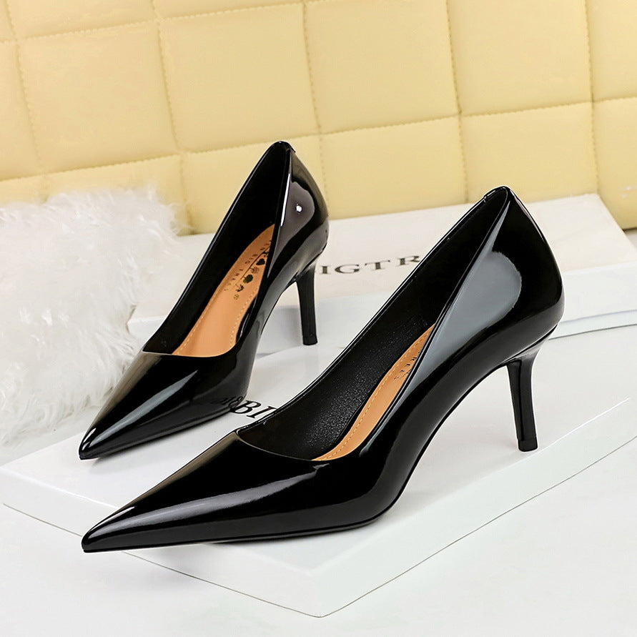 2025 7236  style fashion simple glossy patent leather women's shoes high heels thin heels shallow mouth pointed thin high heels single shoes