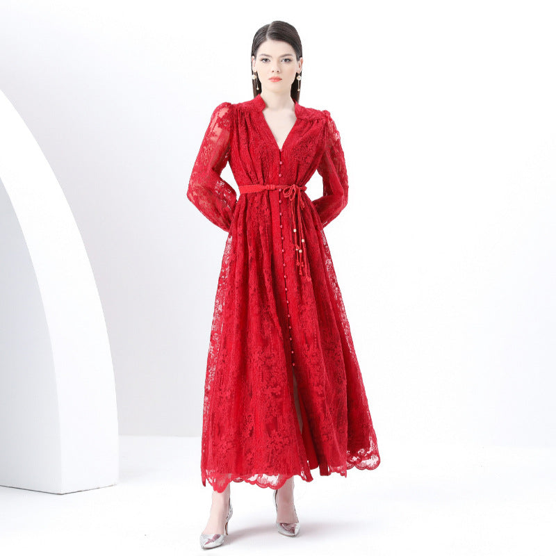 style elegant V-neck single-breasted heavy industry crochet embroidery lantern sleeve lace-up waist pendulum long dress