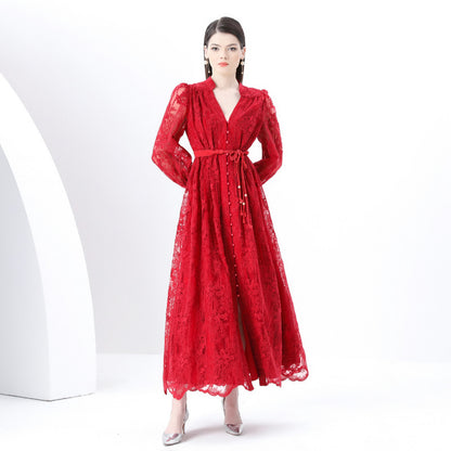 style elegant V-neck single-breasted heavy industry crochet embroidery lantern sleeve lace-up waist pendulum long dress