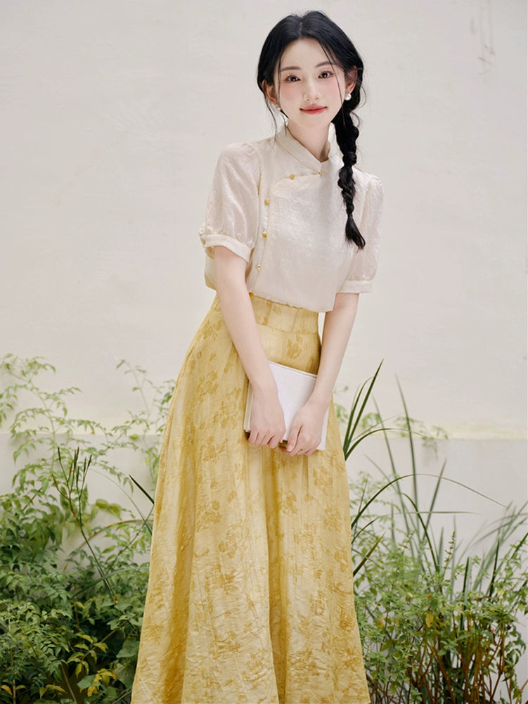 New Chinese national style set Chinese cheongsam small retro bubble sleeve top with jacquard skirt set