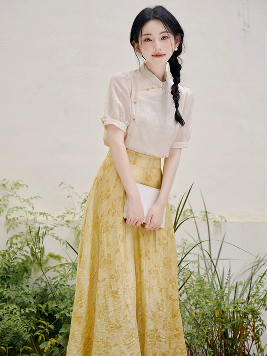 New Chinese national style set Chinese cheongsam small retro bubble sleeve top with jacquard skirt set