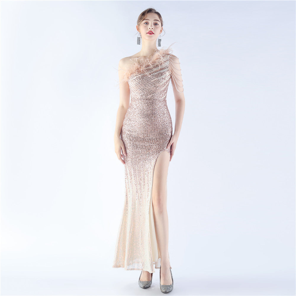 31321 #new product popular gradual change bead process beading ostrich hair oblique collar shoulder long evening dress