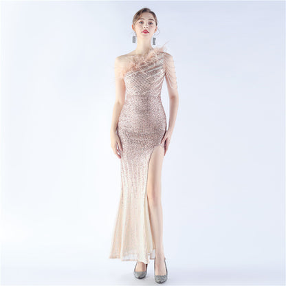 31321 #new product popular gradual change bead process beading ostrich hair oblique collar shoulder long evening dress