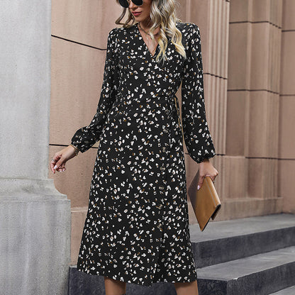 LOVEVOP New Hot Trade Hot Autumn New 2025 Fashion Women's Clothing Cross-border Black Printed Dress