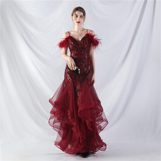 31983 #New craft order ostrich hair hard mesh positioning flower beads splicing mesh yarn dance performance dress skirt
