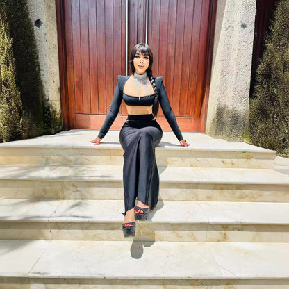 LOVEVOP Premium suit New two-piece set, black red long-sleeved top, elastic bandage long dress,  women's clothing, autumn and winter