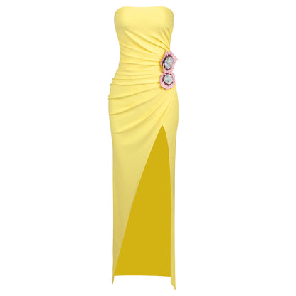 LOVEVOP popular  summer new fashionable yellow three-dimensional embroidered dress long tube top dress  women's clothing