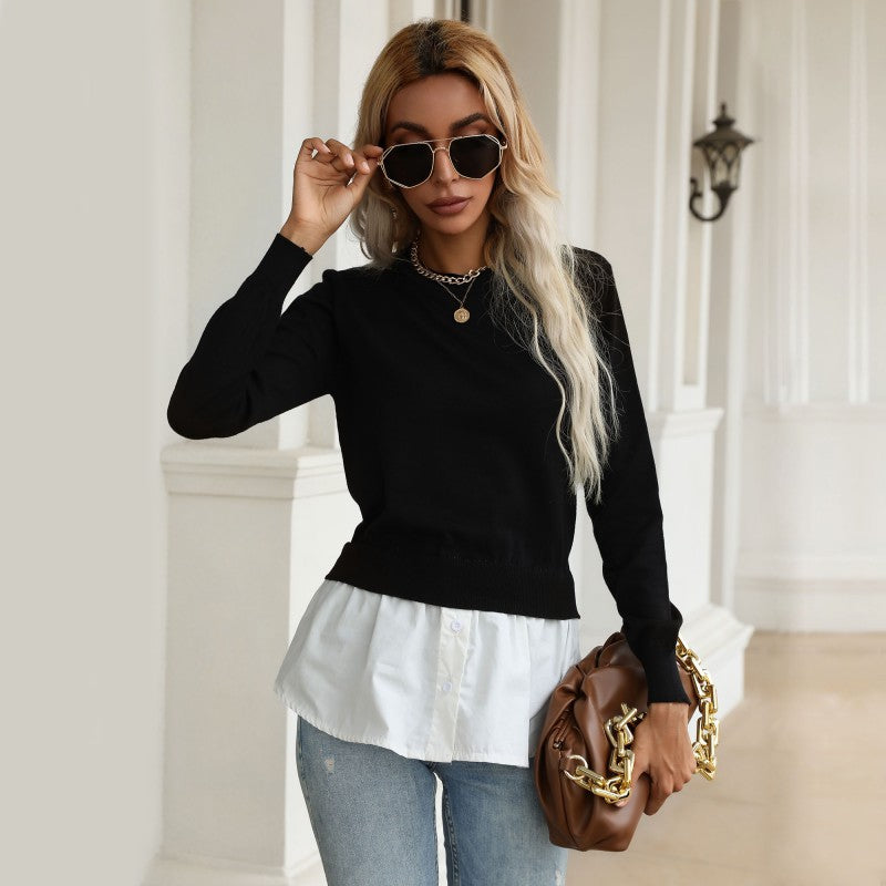 LOVEVOP New popular autumn new product fashion shirt splicing top pullover fake two-piece knitted sweater women's clothing