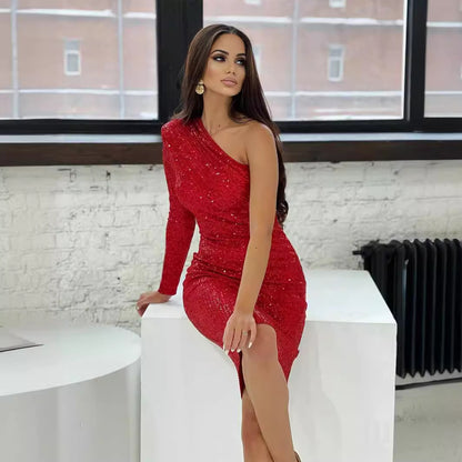 LOVEVOP 2023 Women's Clothing Autumn and Winter Hot Trade Shoulder Long Sleeve Dress Slim Fit Red Silver Sequins  Premium Inside