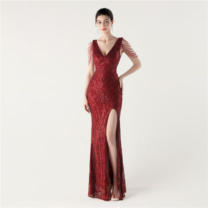 33352 #2025 New Heavy Industry Fishbone Waist Strap Deep V High Split Evening Dress, Red Carpet Dinner Host