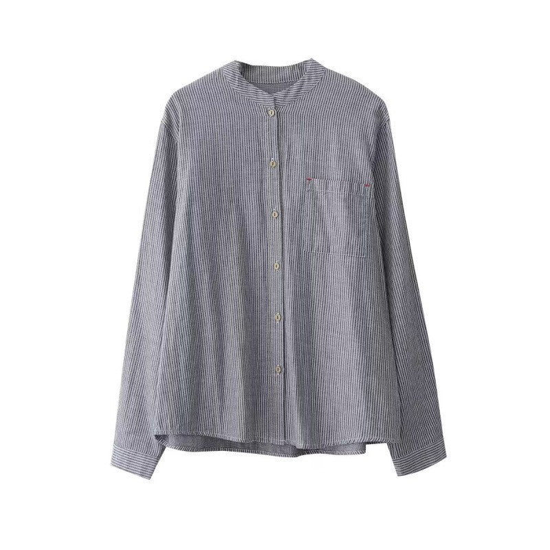 summer new Japanese simple literary and retro striped shirt loose large size versatile long-sleeved top women