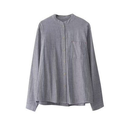 summer new Japanese simple literary and retro striped shirt loose large size versatile long-sleeved top women