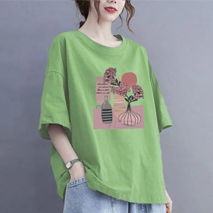 100Kg large size fat MM thin summer loose round neck T-shirt versatile short-sleeved top printed casual T-shirt women