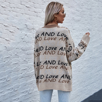 LOVEVOP Hot autumn and winter knitted cardigan 2025 letter fashion jacquard long-sleeved medium and long sweater jacket