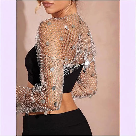 2025 F4911Y Cross mirror fishnet sequined cardigan top with diamonds Blingbling  Coverups top