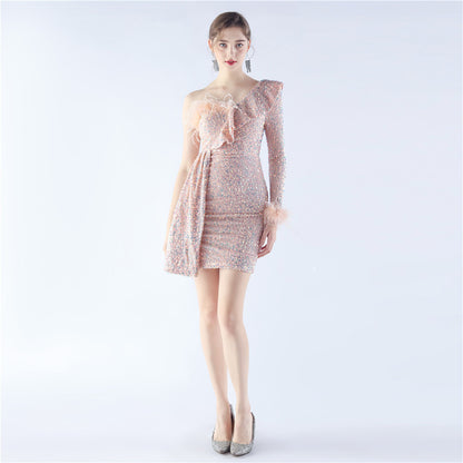 31330 #Hot Trade popular New Product Craftsmanship Order Ostrich Hair Annual Meeting Dinner Performance Short Evening Dress