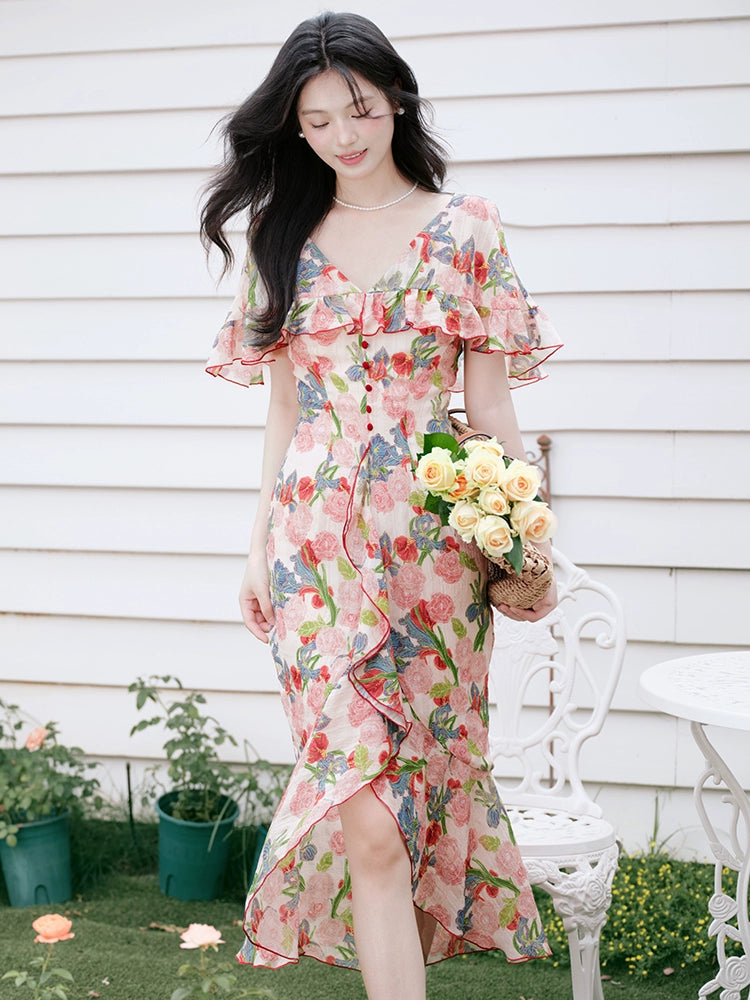 Huge good-looking beach vacation skirt  retro floral dress temperament cape long dress high-end dress