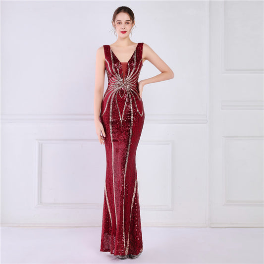 19025 #Positioning flower bead banquet elegant long sleeveless sequin aura queen fishtail skirt slim fishtail skirt