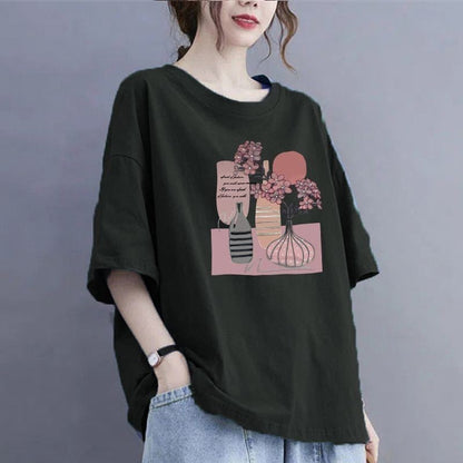 100Kg large size fat MM thin summer loose round neck T-shirt versatile short-sleeved top printed casual T-shirt women