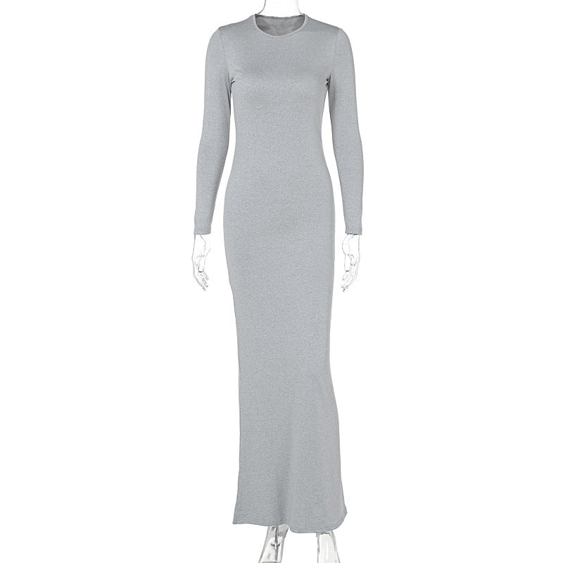LOVEVOP  style cross-border women's clothing  summer new fashionable and sexy slim-fitting solid color round neck mid-waist long-sleeved dress