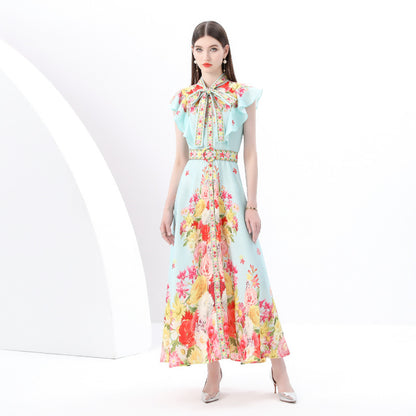 spring and summer new niche  bow lace-up Xiaofei sleeve waist single-breasted pendulum printed dress