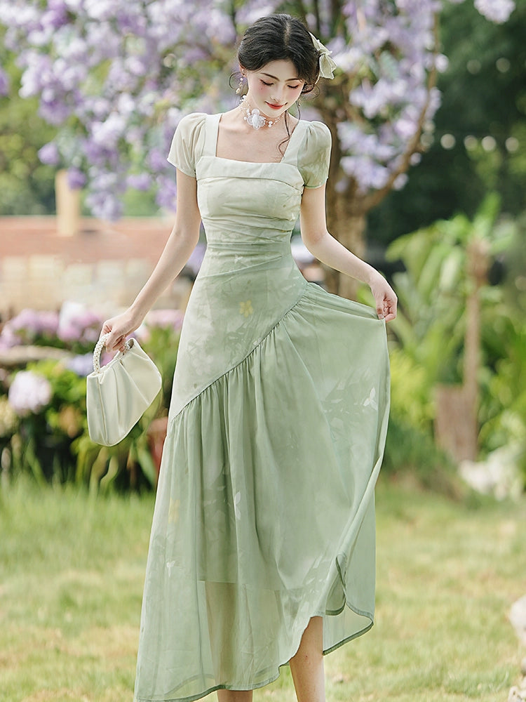 Cold artistic sense green dress summer women 2025 new temperament slim skirt unique and beautiful waist skirt