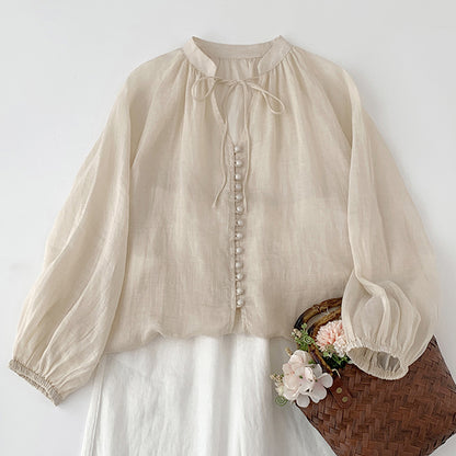 literary and retro solid color single-row button-up strap-up elastic sleeve shirt women's lantern sleeves loose small bag buckle sunscreen