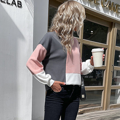 LOVEVOP New women's clothing popular new 2025 splicing knitted top long-sleeved color matching knitted waffle sweater