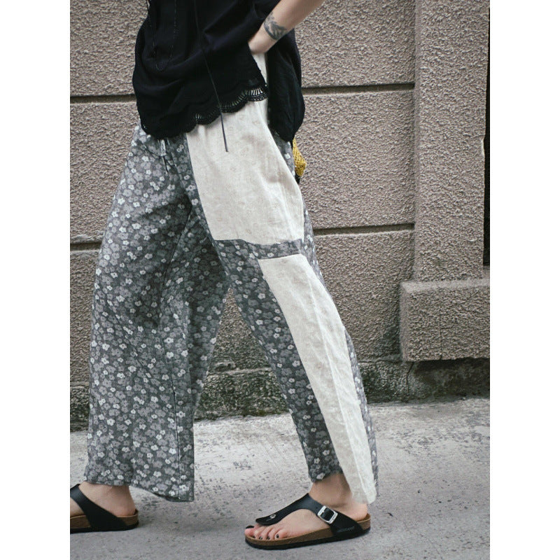 Japanese retro gray floral splicing cotton and linen casual pants women's spring new small straight wide-leg walking pants