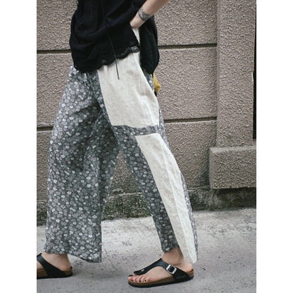 Japanese retro gray floral splicing cotton and linen casual pants women's spring new small straight wide-leg walking pants