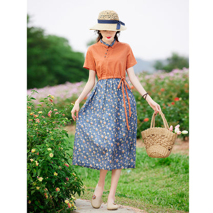 High-end temperament women's clothing  summer new loose Popular floral shirt short-sleeved temperament cotton and linen dress