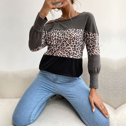 LOVEVOP popular autumn and winter new New bottoming shirt Middle East one-word collar hollow off-the-shoulder loose leopard print women's splicing top