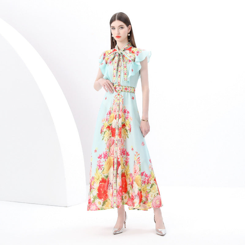 spring and summer new niche  bow lace-up Xiaofei sleeve waist single-breasted pendulum printed dress