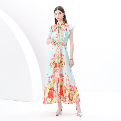 spring and summer new niche  bow lace-up Xiaofei sleeve waist single-breasted pendulum printed dress