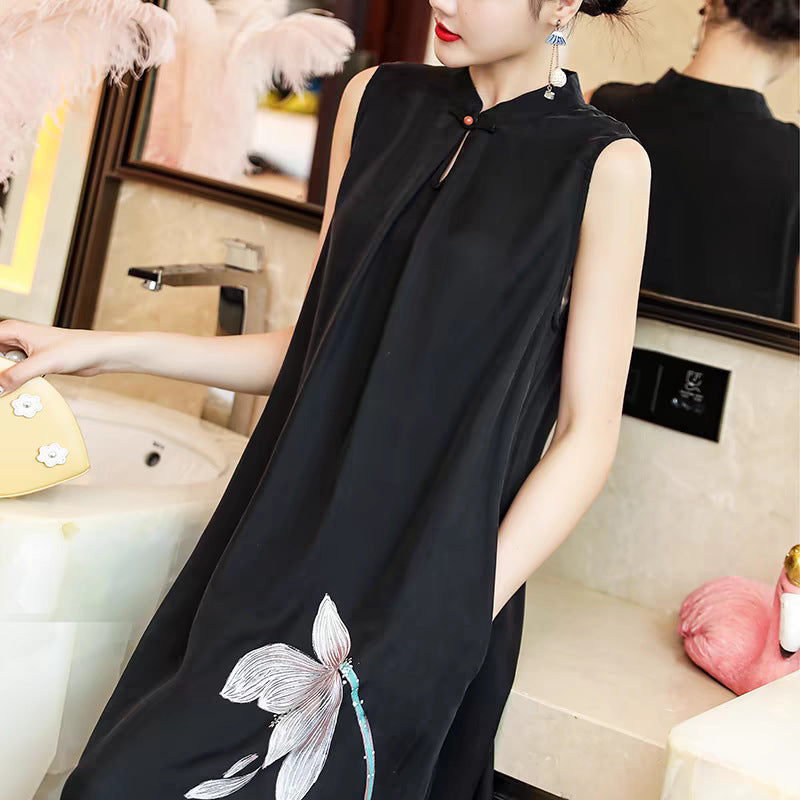 Sleeveless cheongsam dress  summer new hand-painted elegant national style women's literary and retro Zen Chinese dress