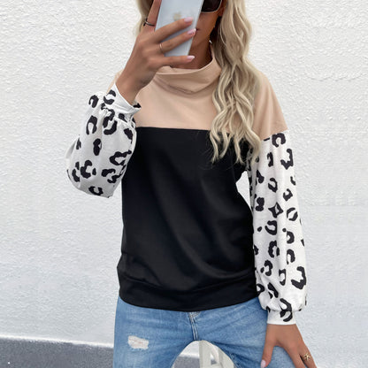 LOVEVOP New Cross-border popular autumn and winter new products 2025 casual tops leopard print color matching long-sleeved turtleneck sweater