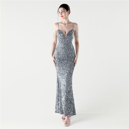 33313 #2025 New sequined beaded party wedding dinner suspender slim-fitting long evening dress